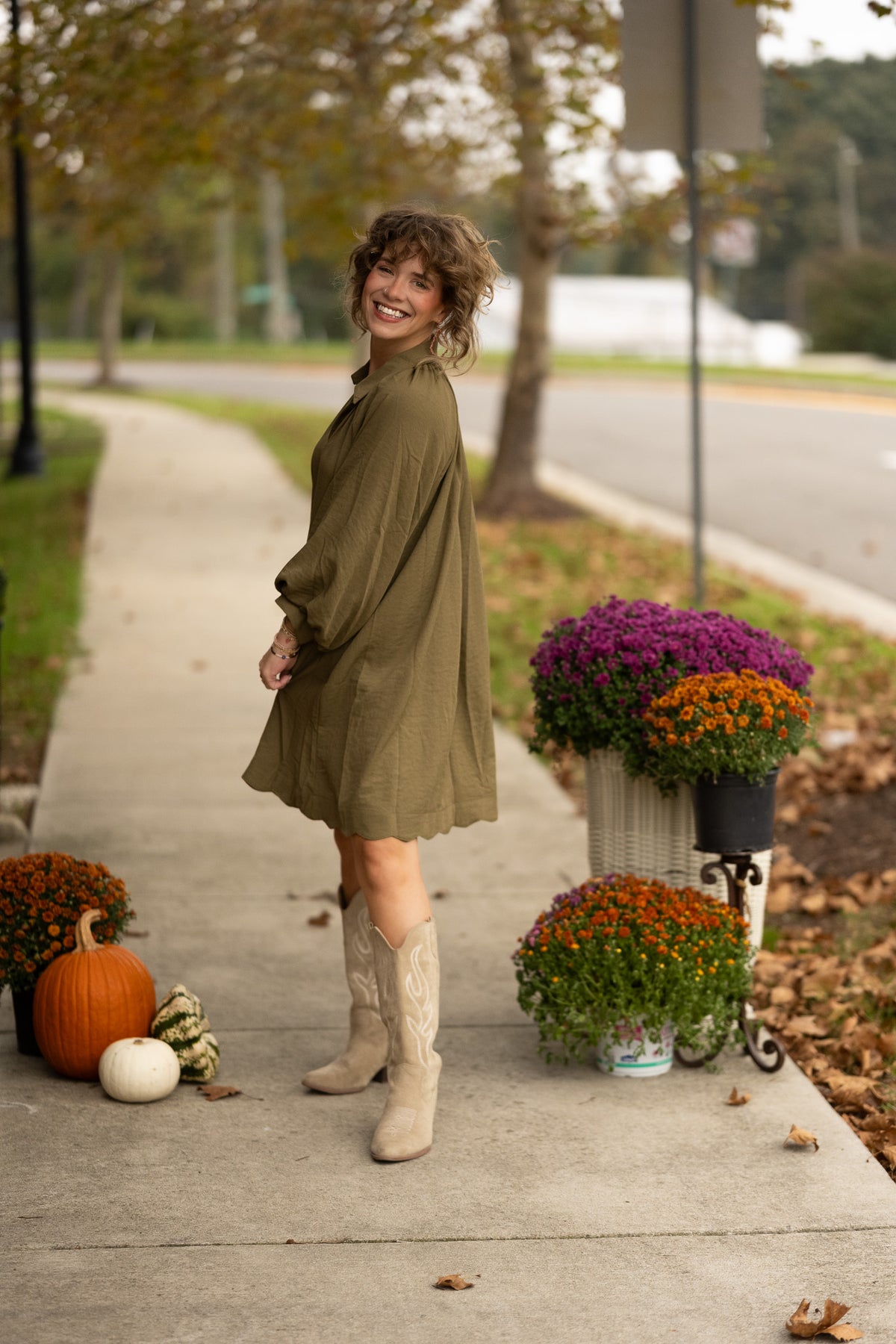 Wisteria Olive Scallop Dress