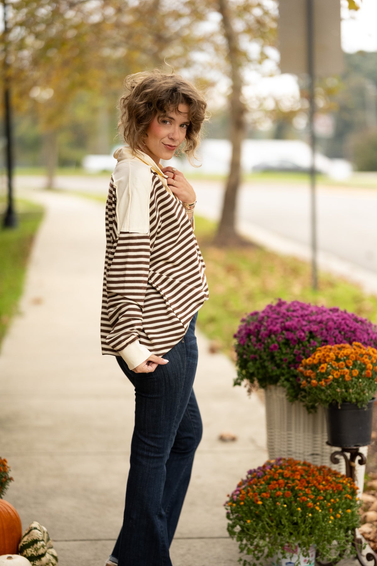 Striped Henley Sweatshirt: Chesnut