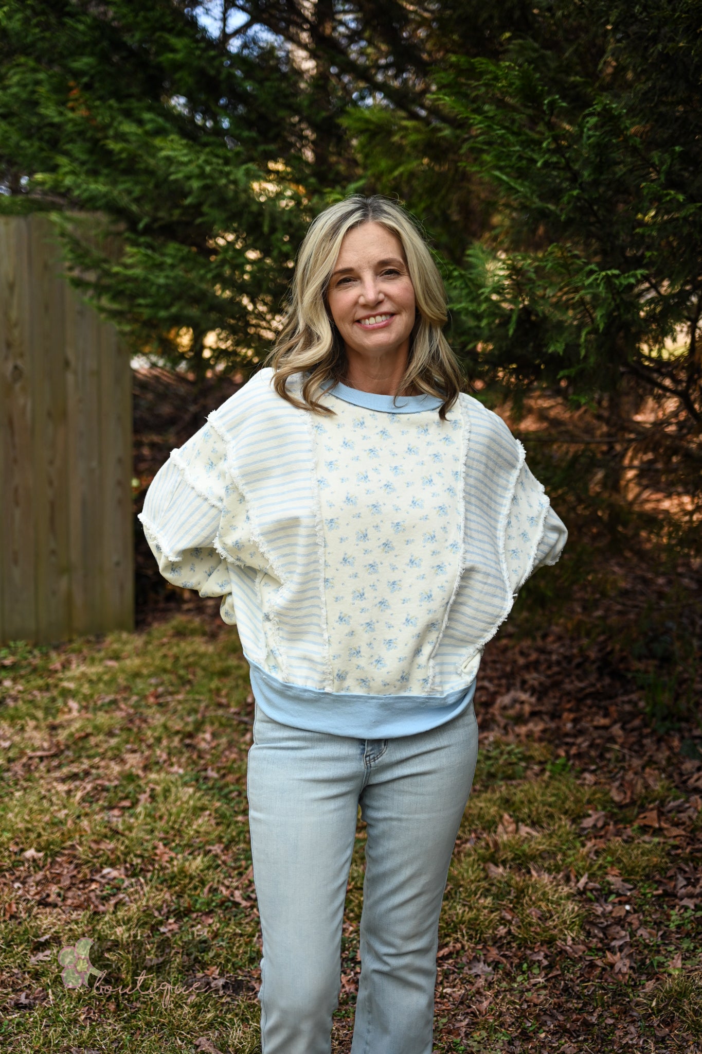 Ditsy Blue Flower Stripe Pullover