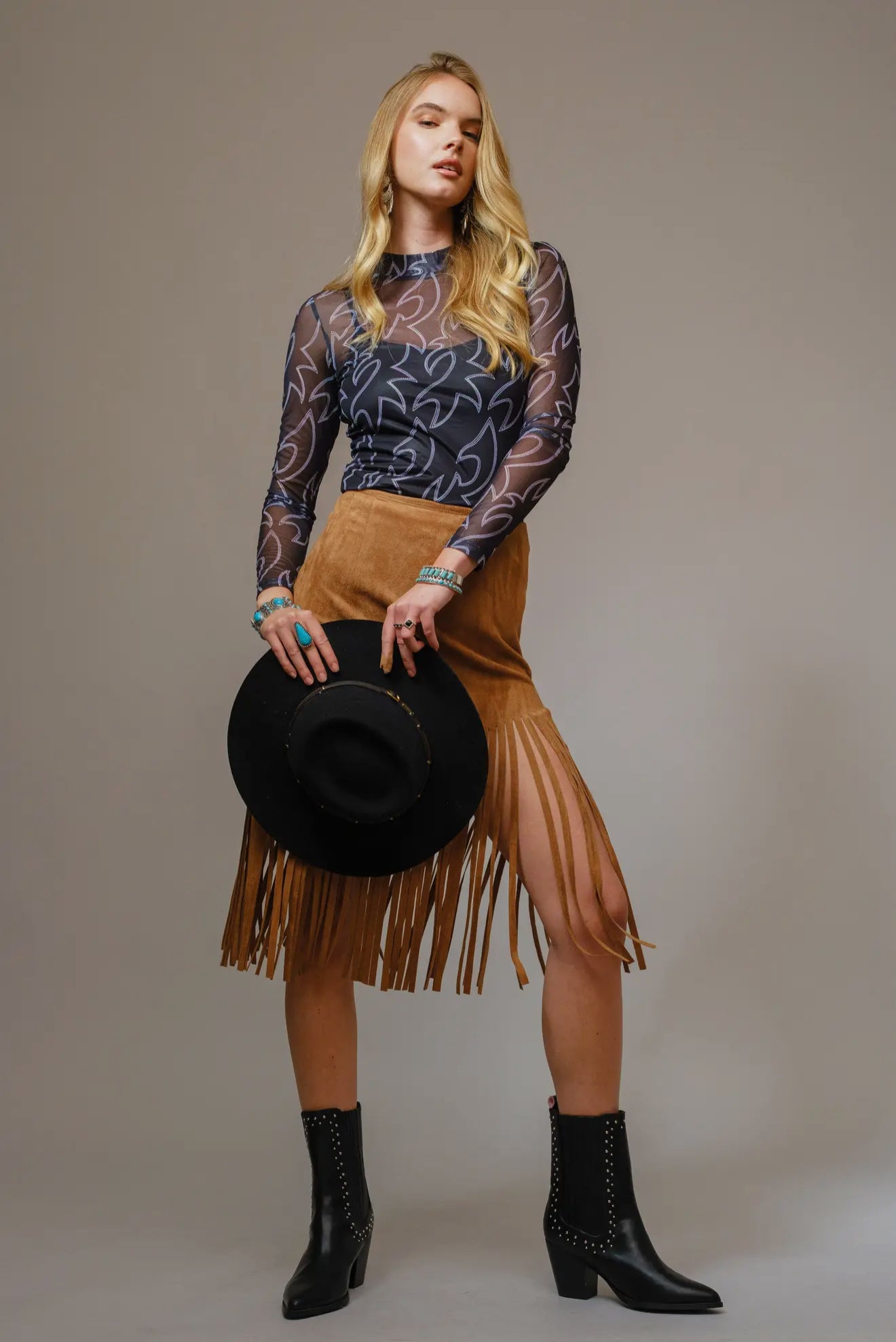 Black Mesh Boot Stitch Fitted Top