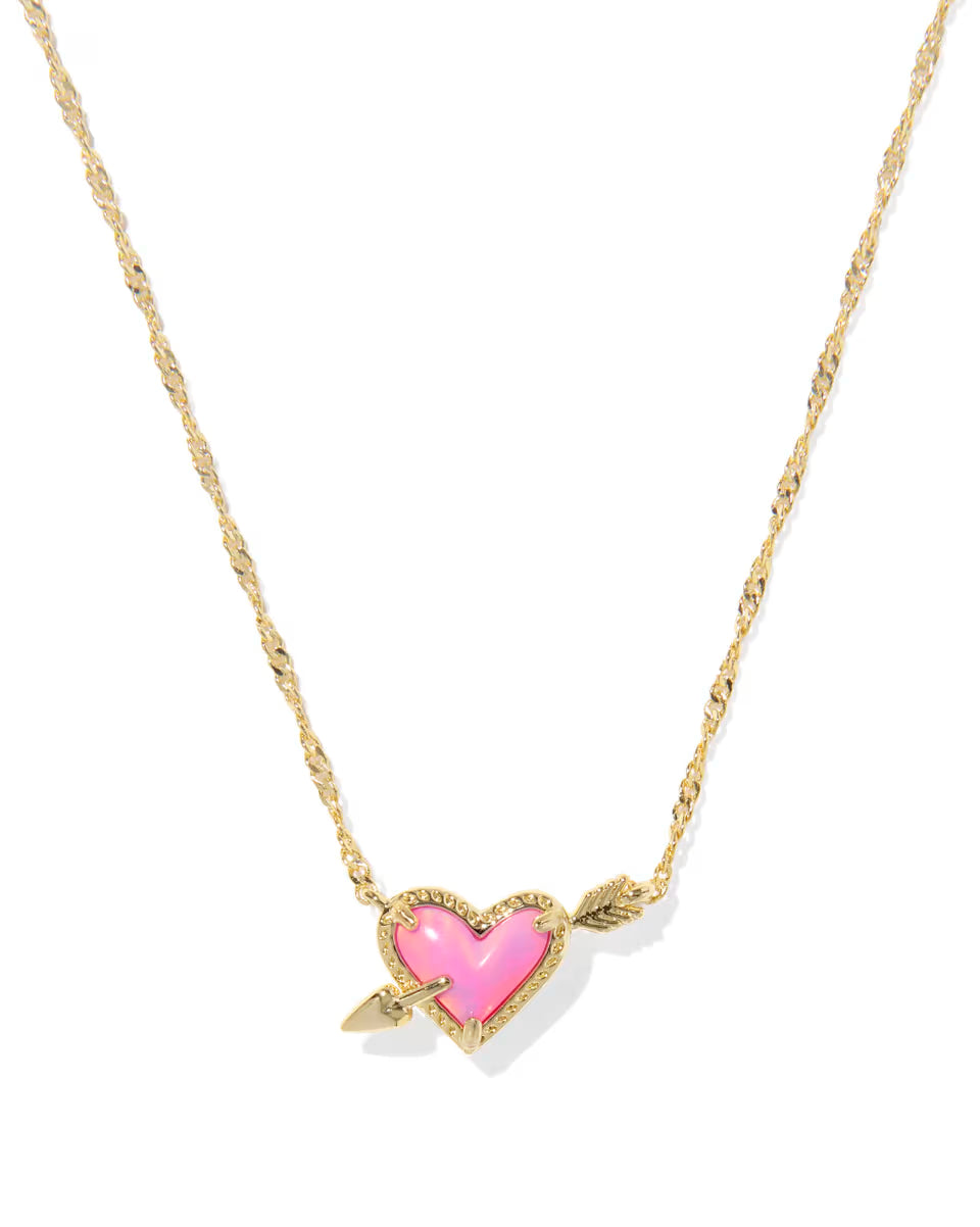 ARI HEART ARROW SHORT PENDANT NECKLACE GOLD PINK OPALESCENT RESIN