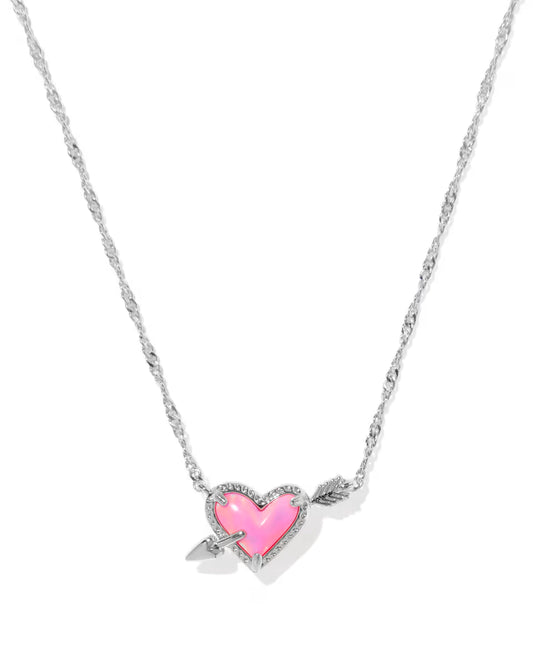 ARI HEART ARROW SHORT PENDANT NECKLACE SILVER PINK OPALESCENT RESIN