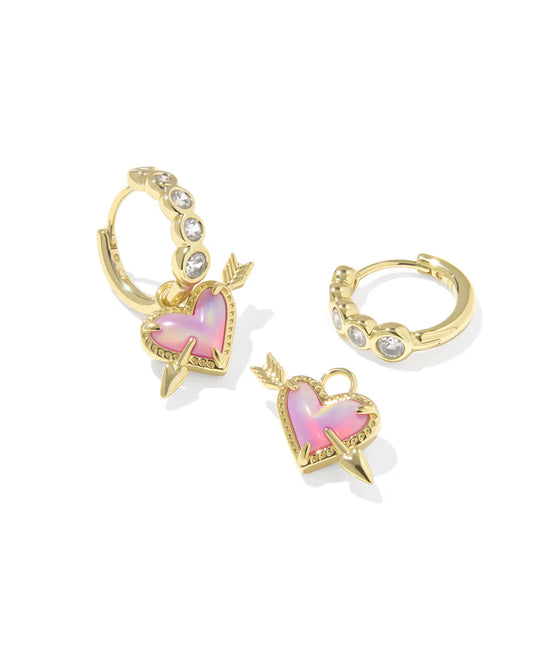 ARI HEART ARROW HUGGIE EARRINGS GOLD PINK OPALESCENT RESIN