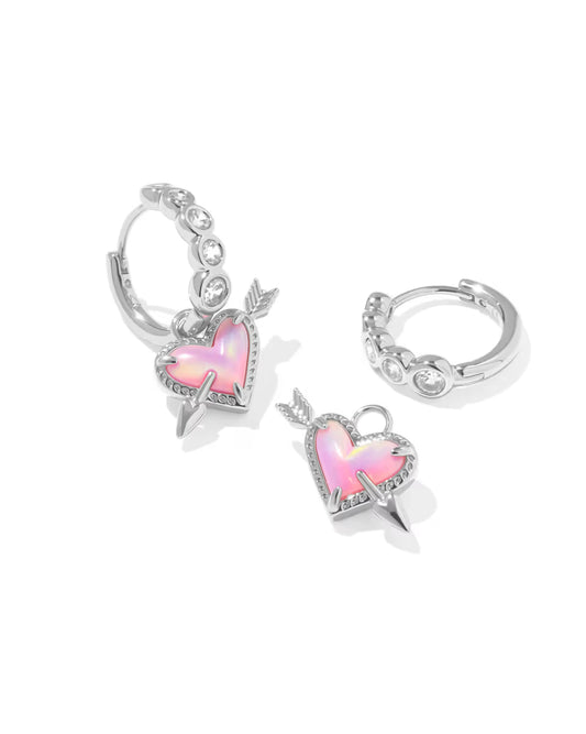 ARI HEART ARROW HUGGIE EARRINGS SILVER PINK OPALESCENT RESIN