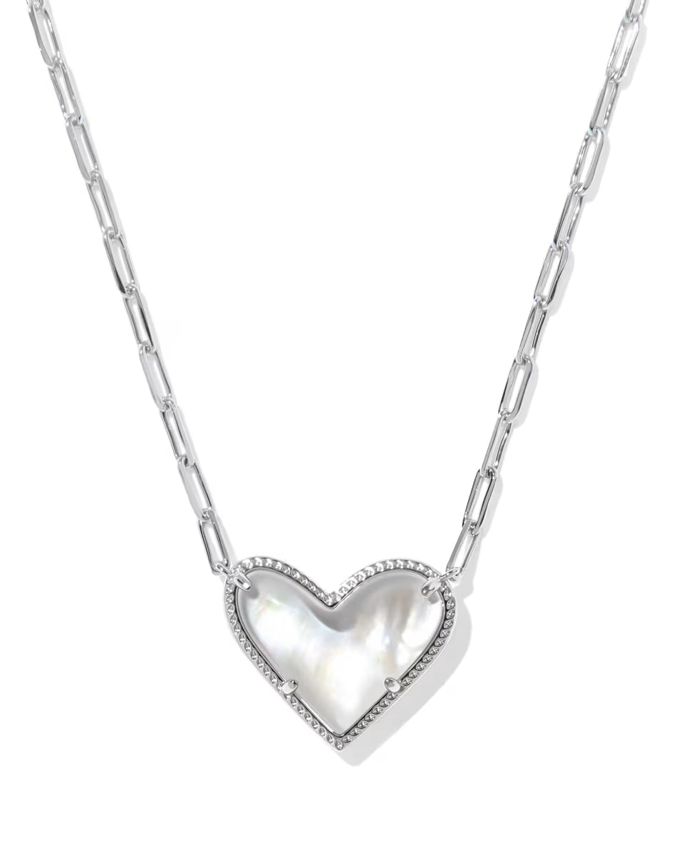 ARI HEART STATEMENT SHORT PENDANT NECKLACE SILVER IVORY MOTHER OF PEARL