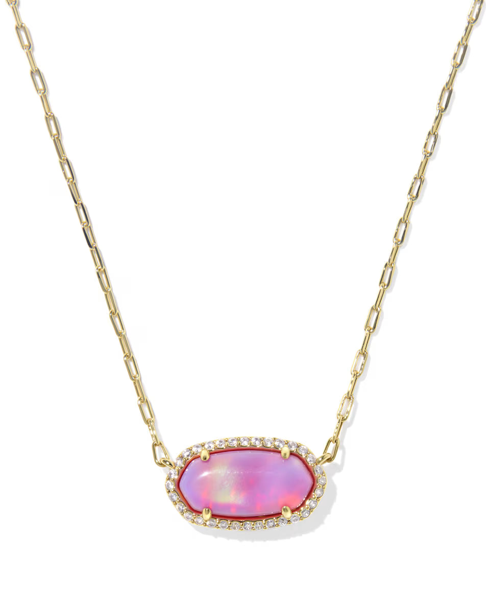 ELISA PAVE FRAME SHORT PENDANT NECKLACE GOLD PINK OPALESCENT RESIN