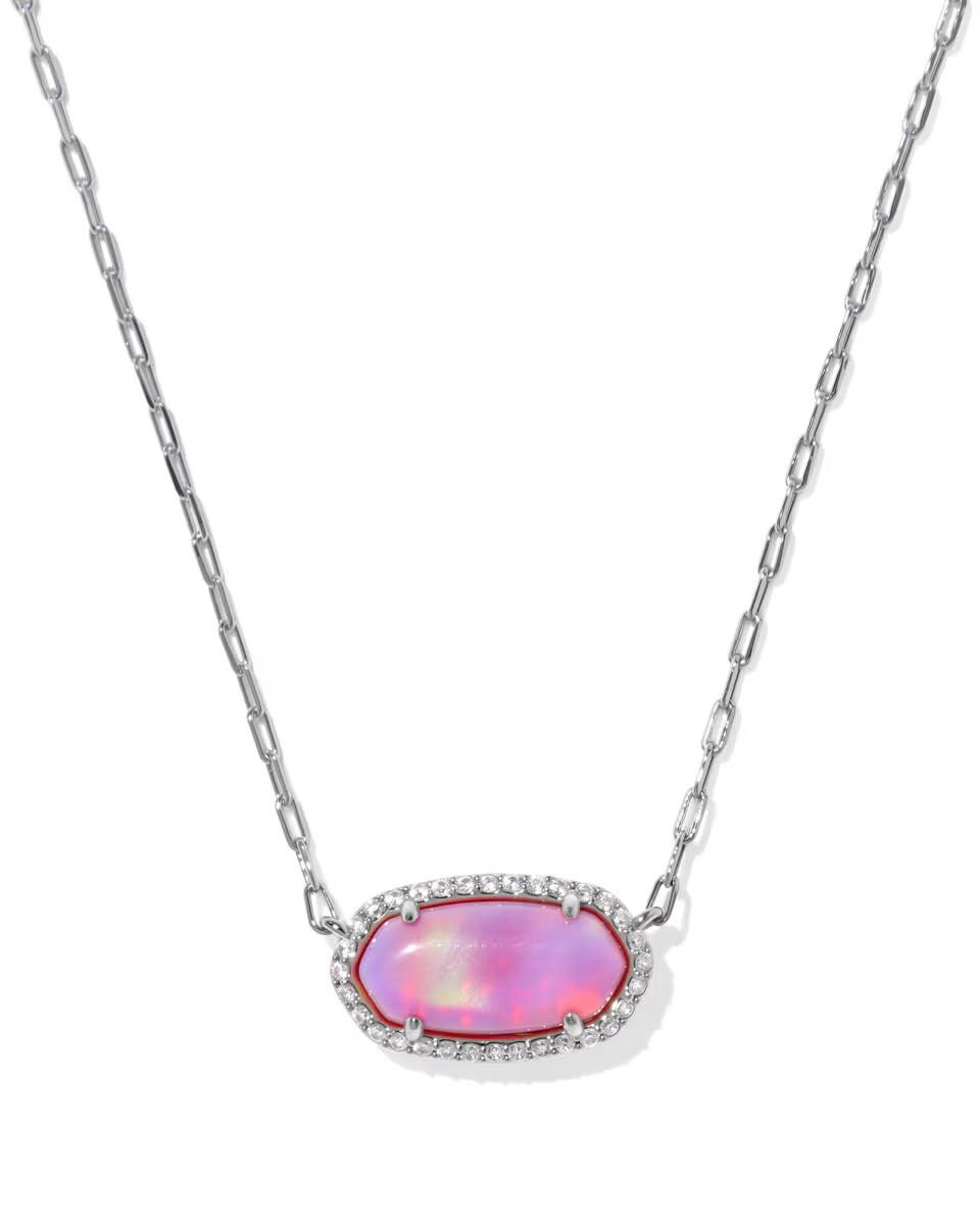 ELISA PAVE FRAME SHORT PENDANT NECKLACE SILVER PINK OPALESCENT RESIN