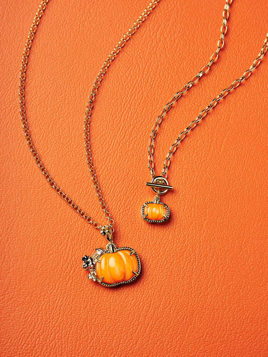 PUMPKIN LONG PENDANT NECKLACE GOLD ORANGE MOTHER OF PEARL