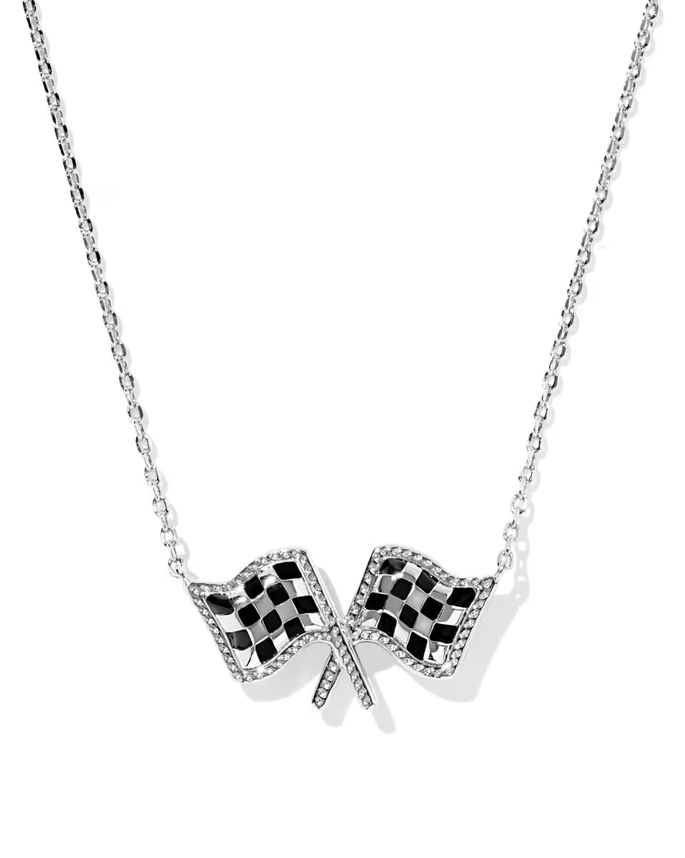 CHECKERED FLAG SHORT PENDANT NECKLACESILVER WHITE MOTHER OF PEARL