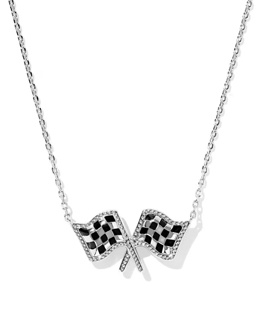 CHECKERED FLAG SHORT PENDANT NECKLACESILVER WHITE MOTHER OF PEARL