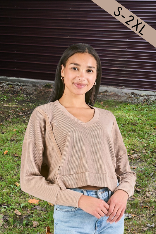 Knit V Neck Pullover Crop - Umber