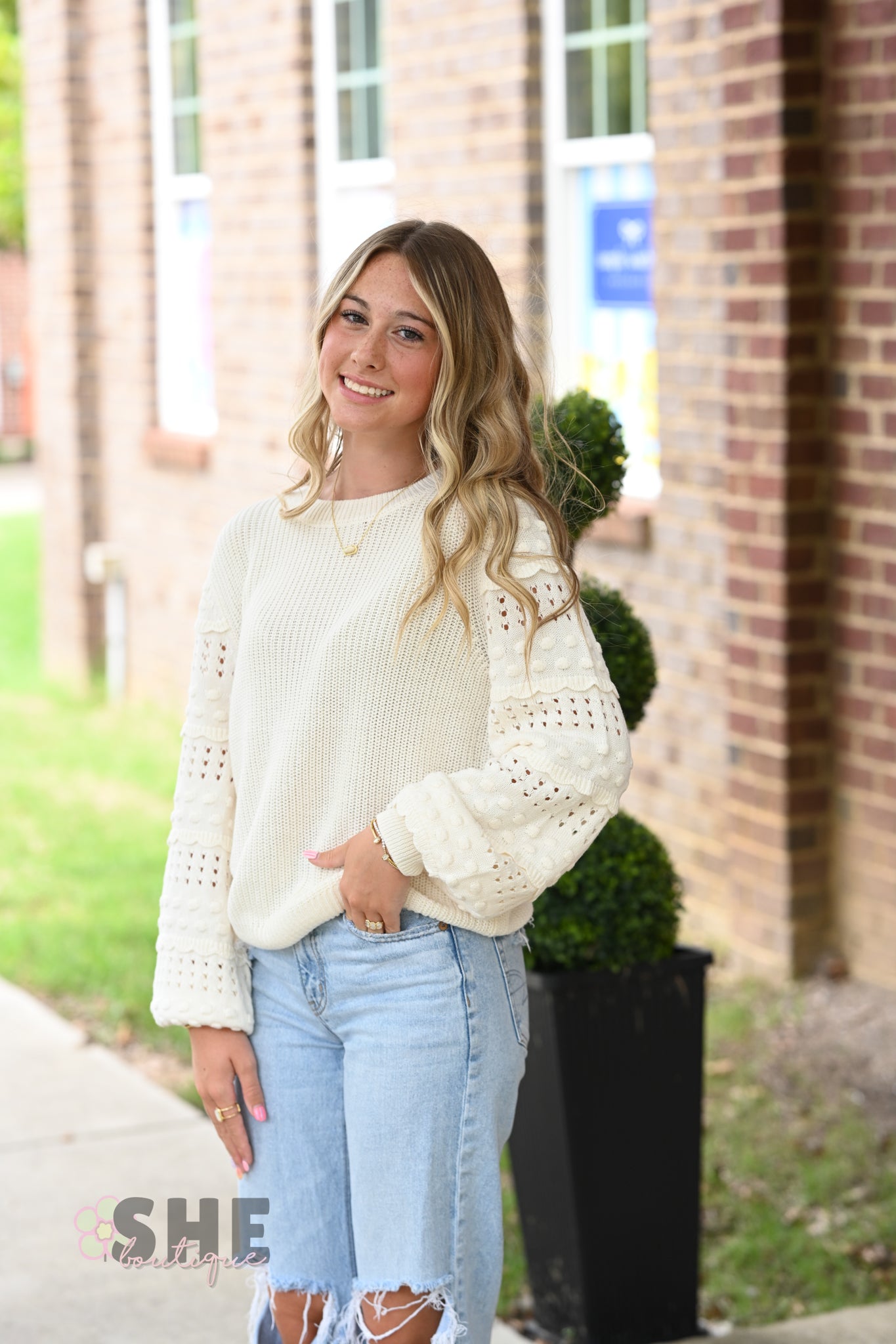 Cream Pom Sleeve Sweater