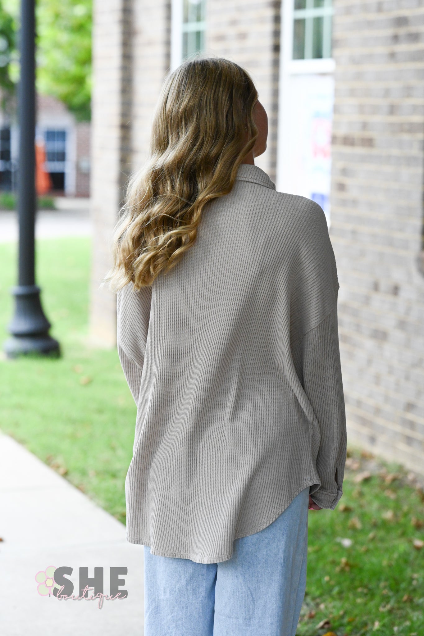 Mineral Wash Waffle Knit Button-Up Shacket: DARK TAUPE