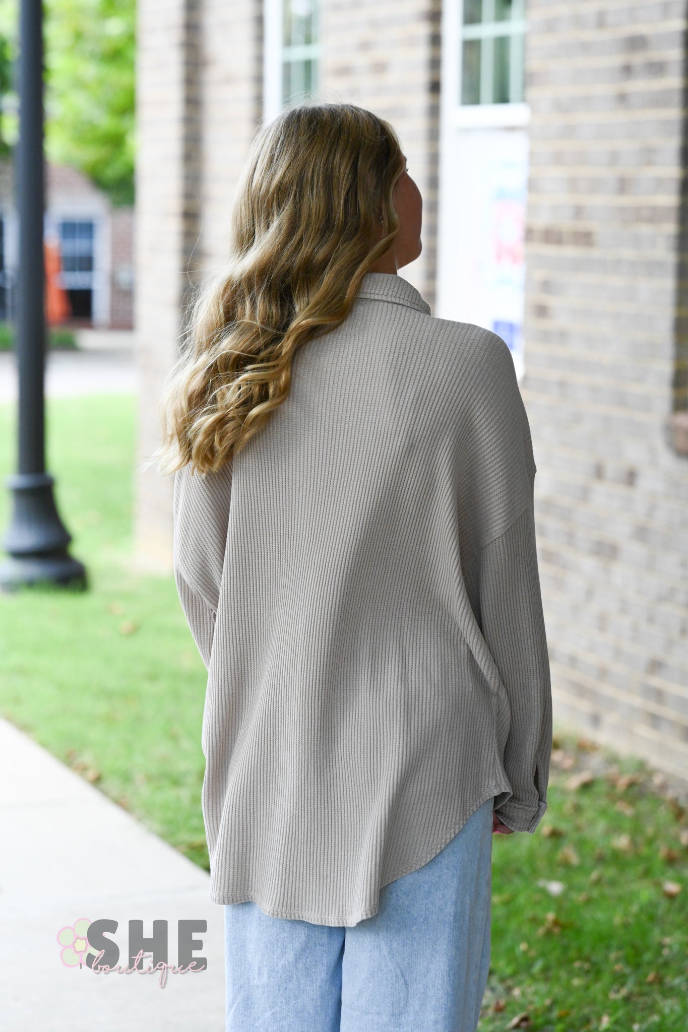 Mineral Wash Waffle Knit Button-Up Shacket: DARK TAUPE