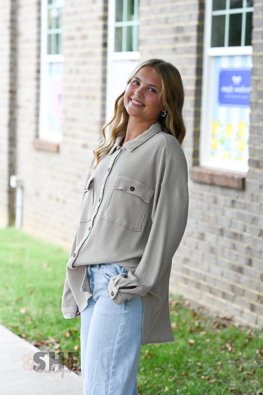 Mineral Wash Waffle Knit Button-Up Shacket: DARK TAUPE