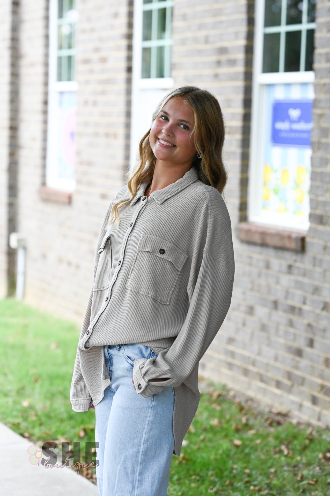 Mineral Wash Waffle Knit Button-Up Shacket: DARK TAUPE