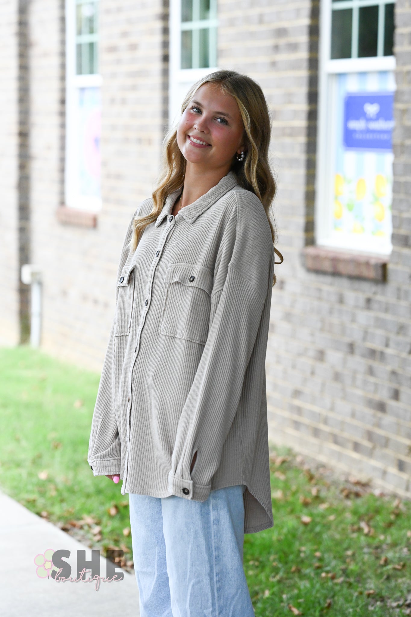 Mineral Wash Waffle Knit Button-Up Shacket: DARK TAUPE