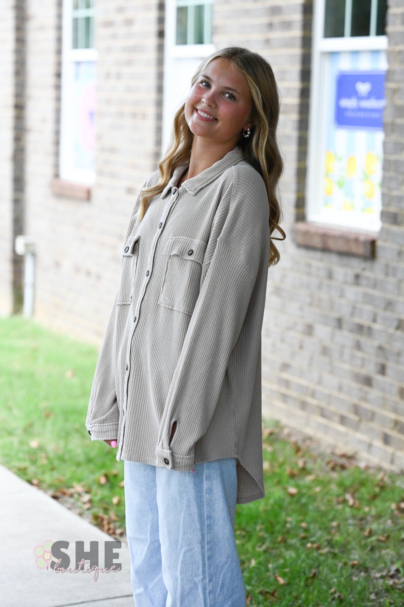 Mineral Wash Waffle Knit Button-Up Shacket: DARK TAUPE