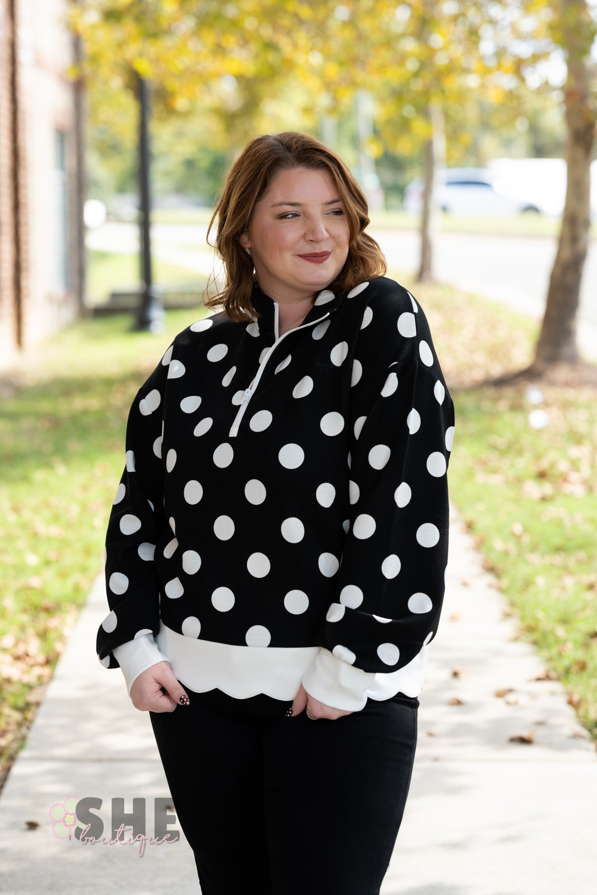 Polka Dot Crew Pullover Black