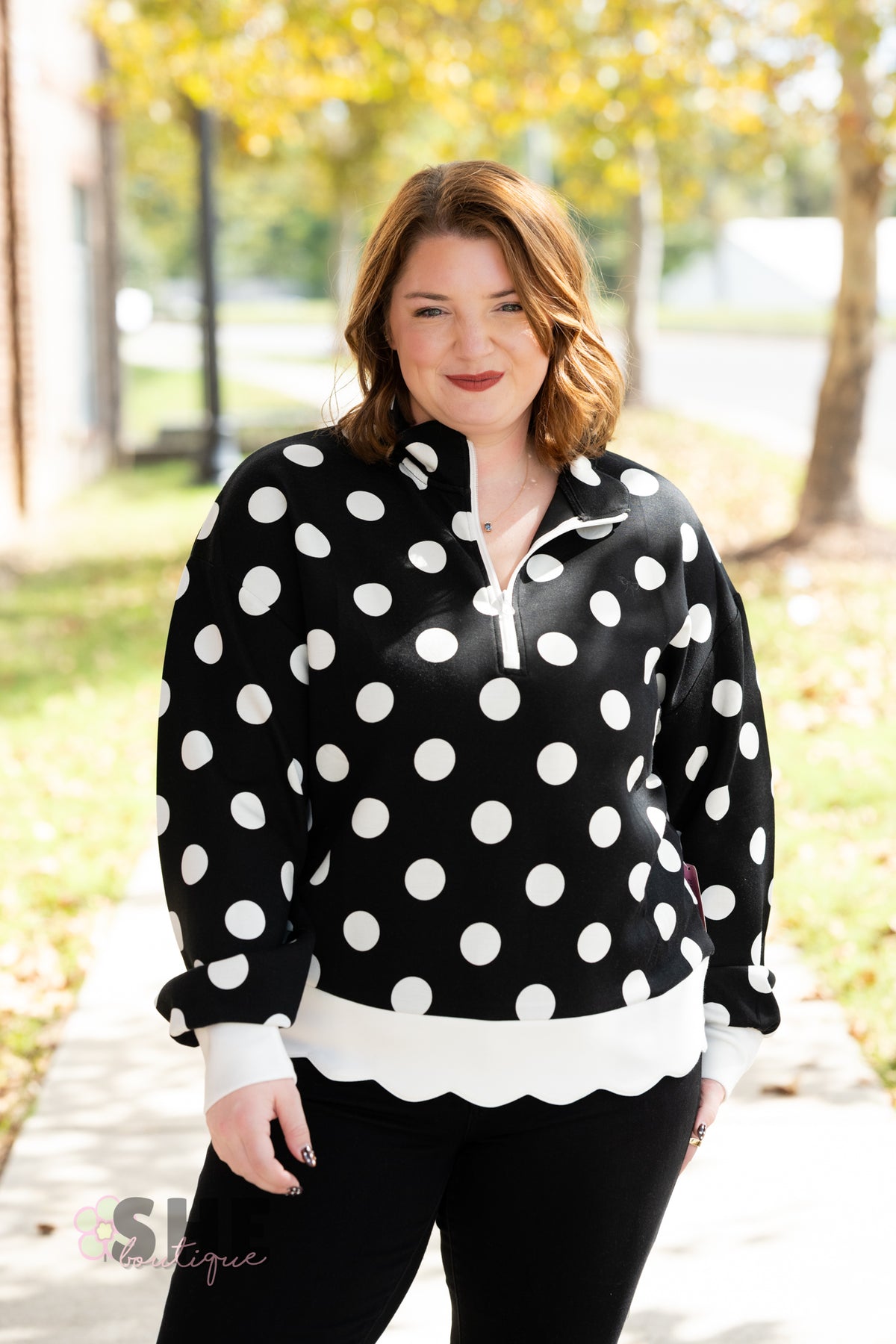 Polka Dot Crew Pullover Black