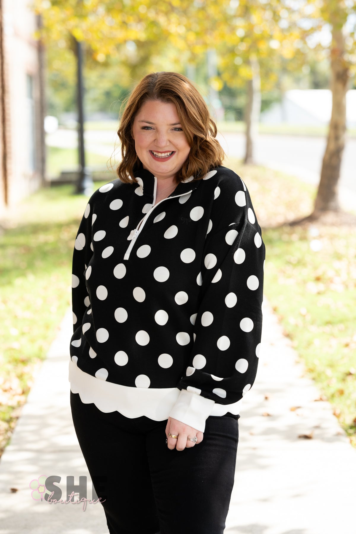 Polka Dot Crew Pullover Black