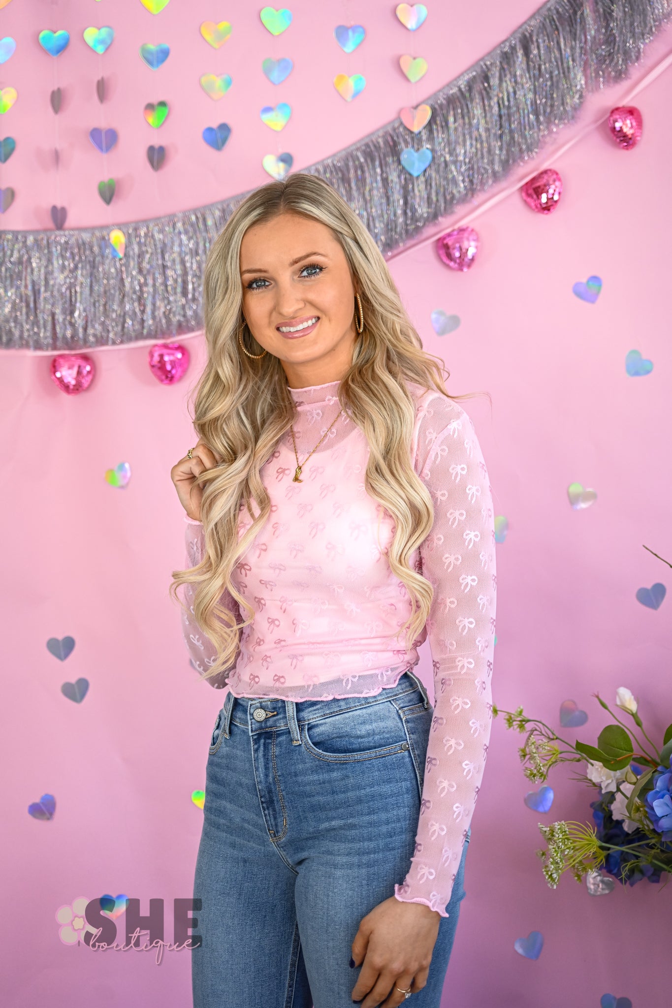 Pink Bow Fitted Lace Top