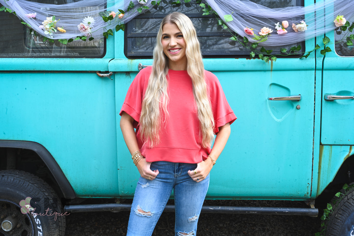 Red Via Short Sleeve Top