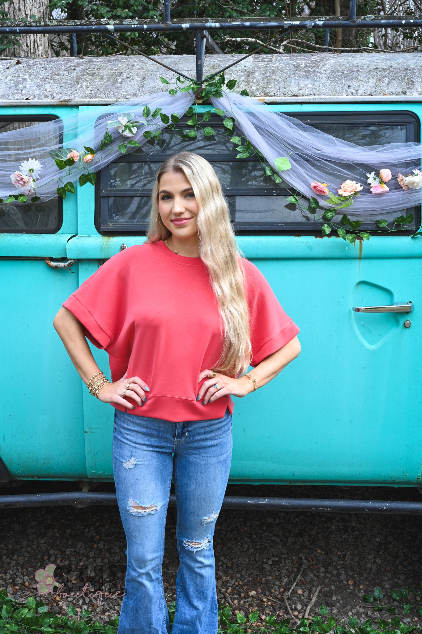 Red Via Short Sleeve Top