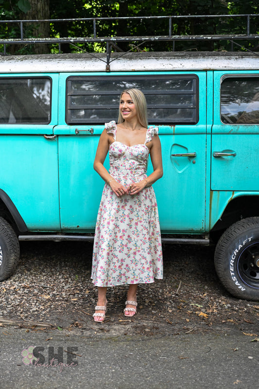 Rosebud Ruffle Sleeve Midi Dress