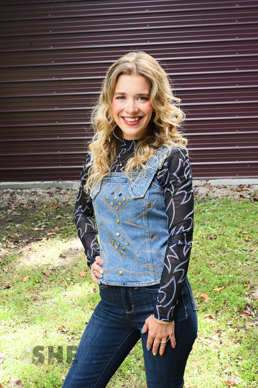 Black Mesh Boot Stitch Fitted Top
