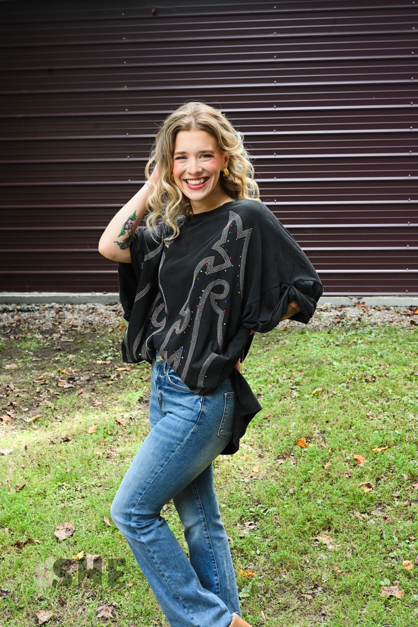 Stone Boot Stitch Black Oversized Tee