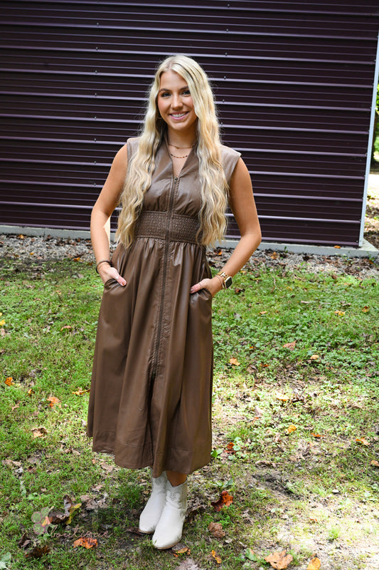 Mocha Leather Zip Dress