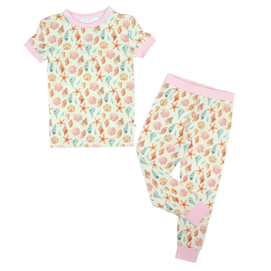 Sandy Seashells Bamboo Short Sleeve Kids Pajama Pants Set