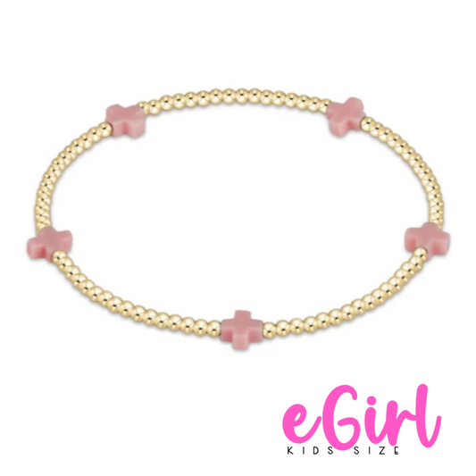 egirl Signature Cross Small Gold Pattern 2mm Bead Bracelet- Pink (KIDS)