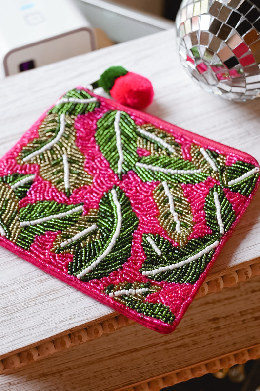 Palm Leaves Hot Pink Beaded Bag
