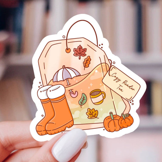 Cozy Reader Autumn Tea Sticker – Bookish Fall, Glossy Vinyl: 2.5"