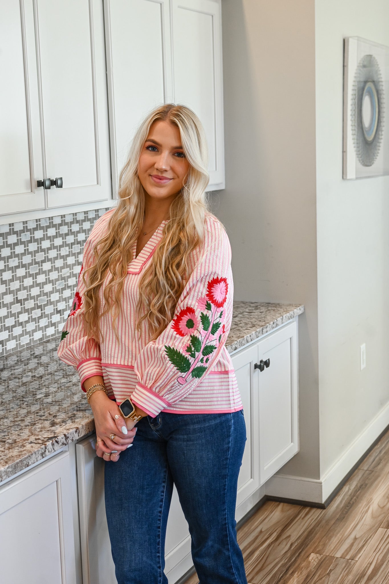 Angela Pink Striped Embroidered Blouse - She Chester