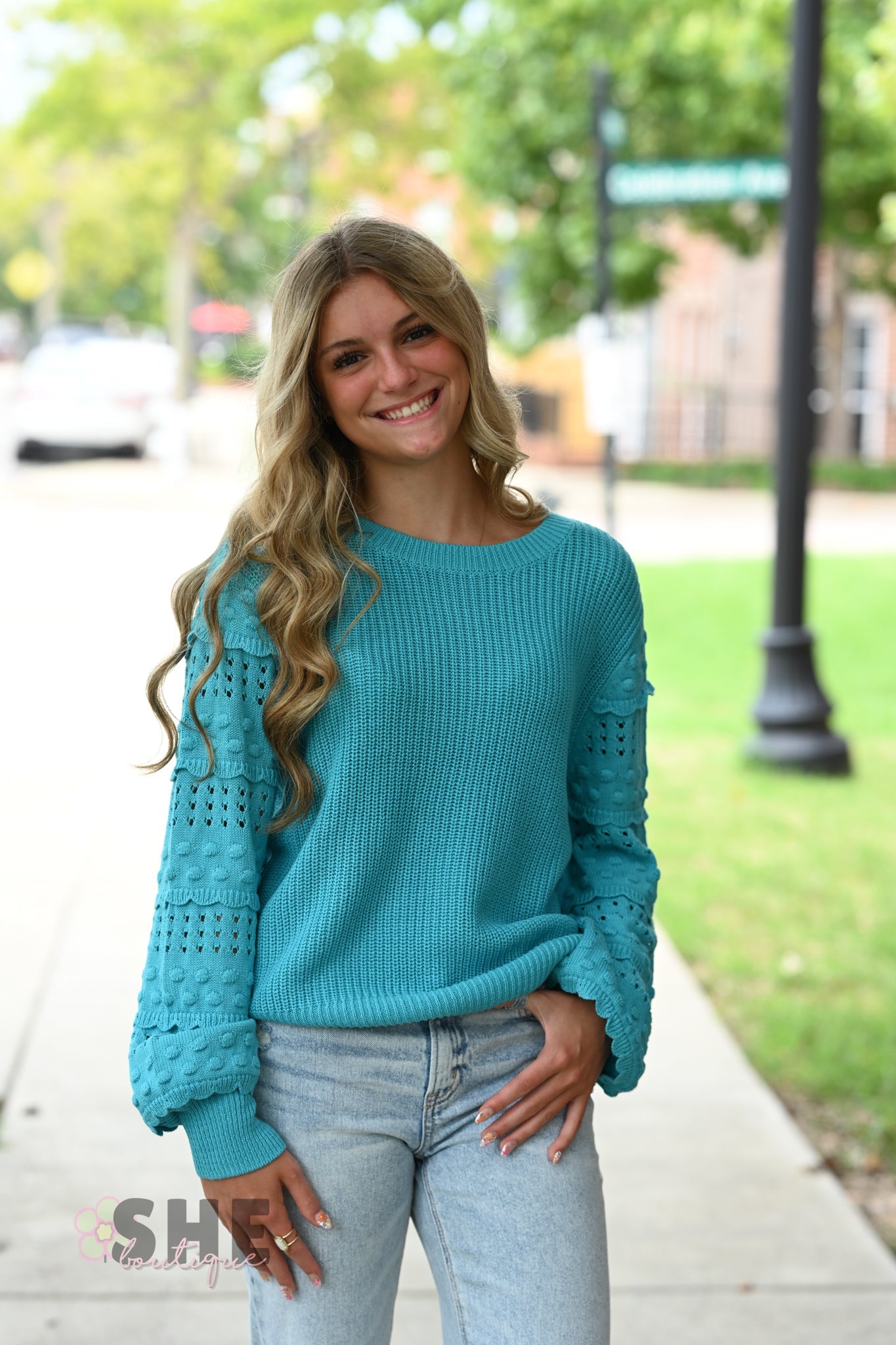 Aqua Pom Sleeve Sweater - She Chester