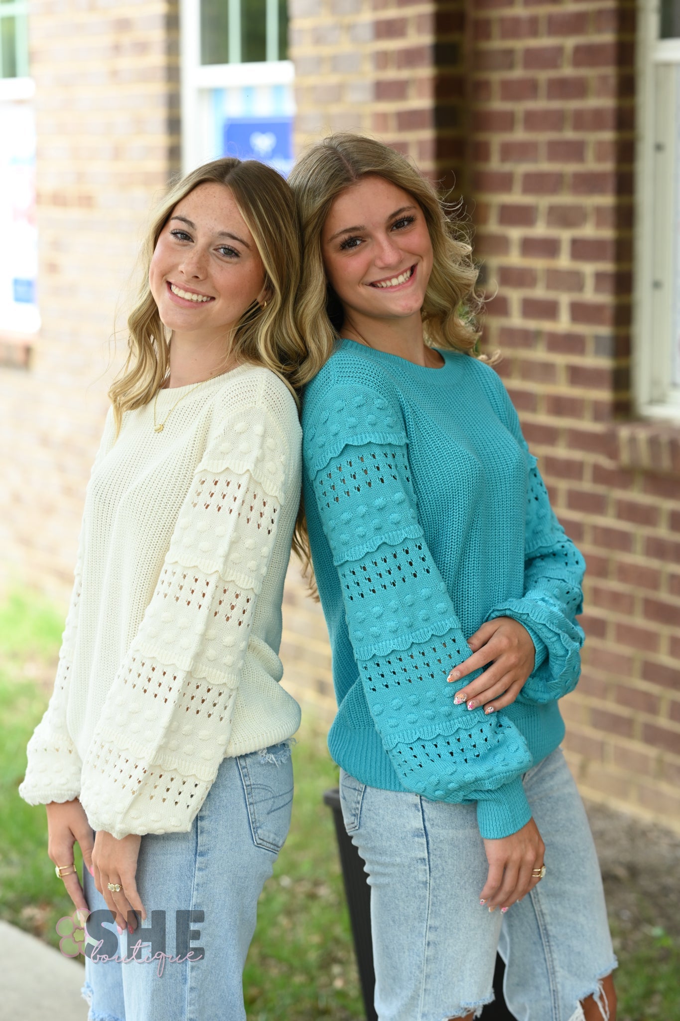 Aqua Pom Sleeve Sweater - She Chester