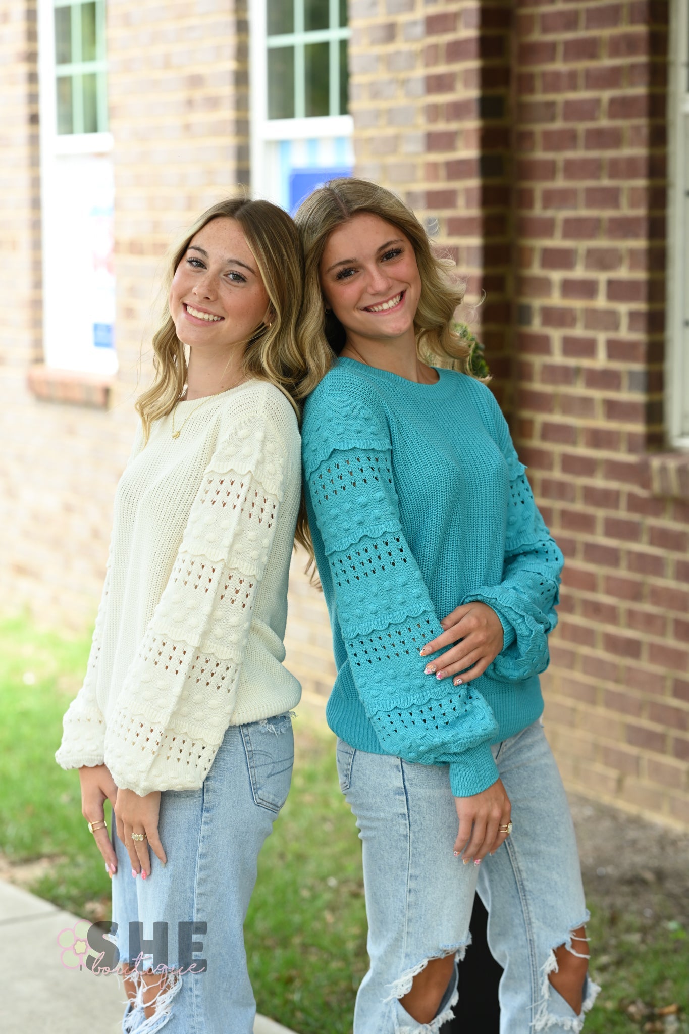 Aqua Pom Sleeve Sweater - She Chester