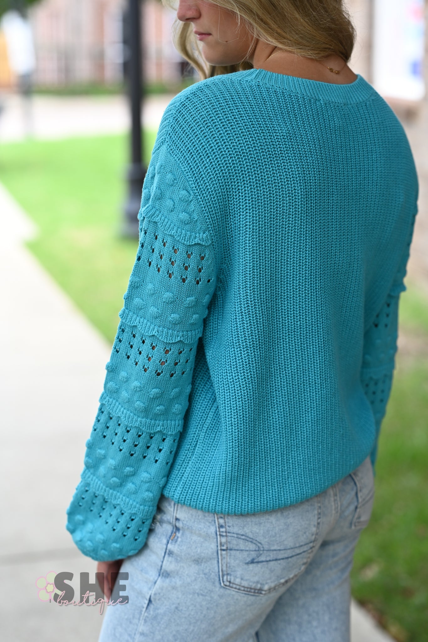 Aqua Pom Sleeve Sweater - She Chester