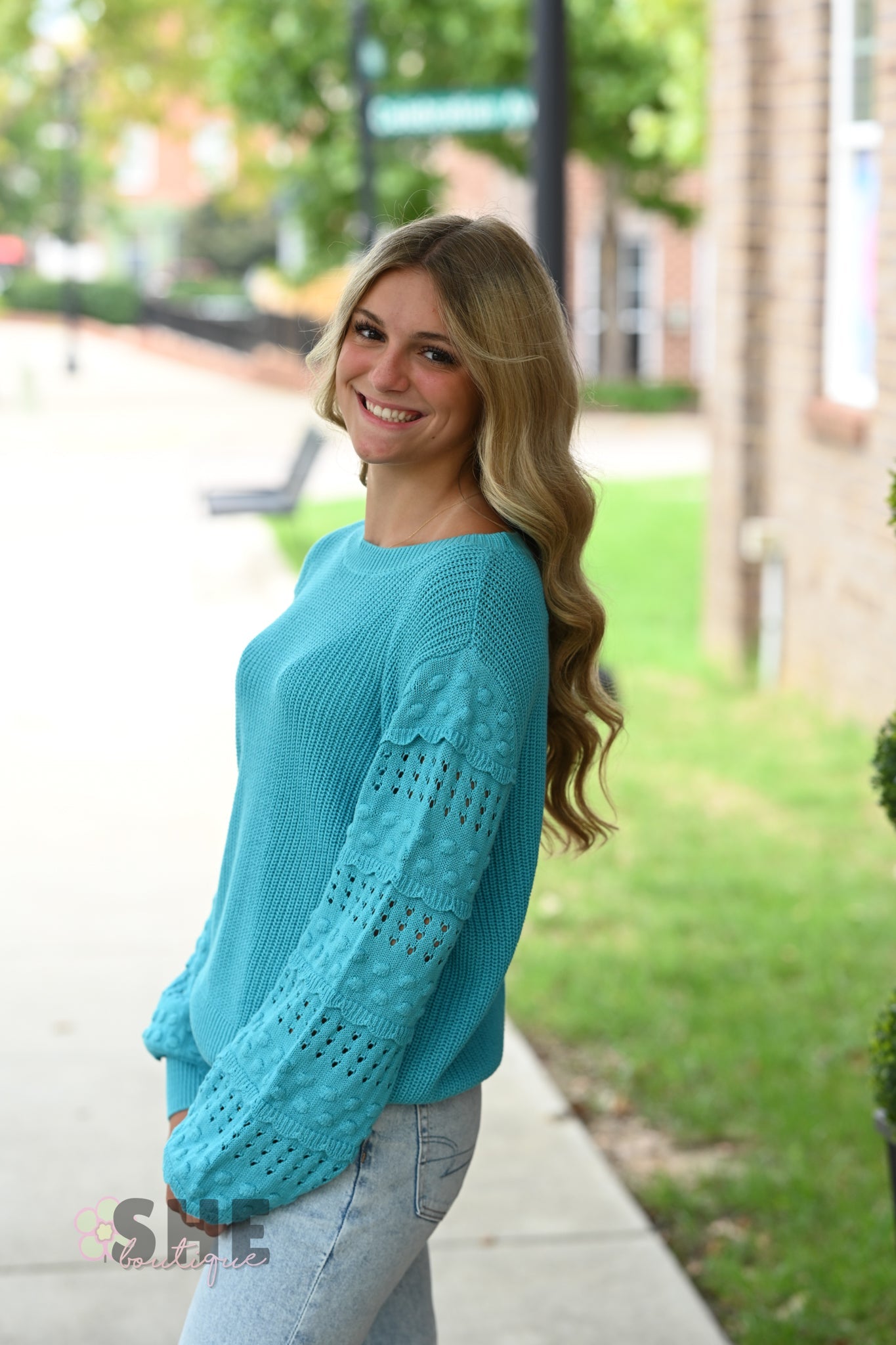 Aqua Pom Sleeve Sweater - She Chester