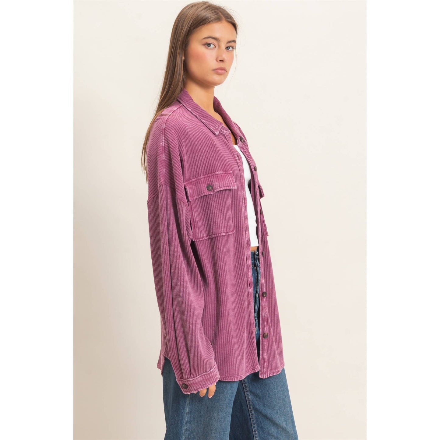 Mineral Wash Waffle Knit Button-Up Shacket: DARK CHERRY