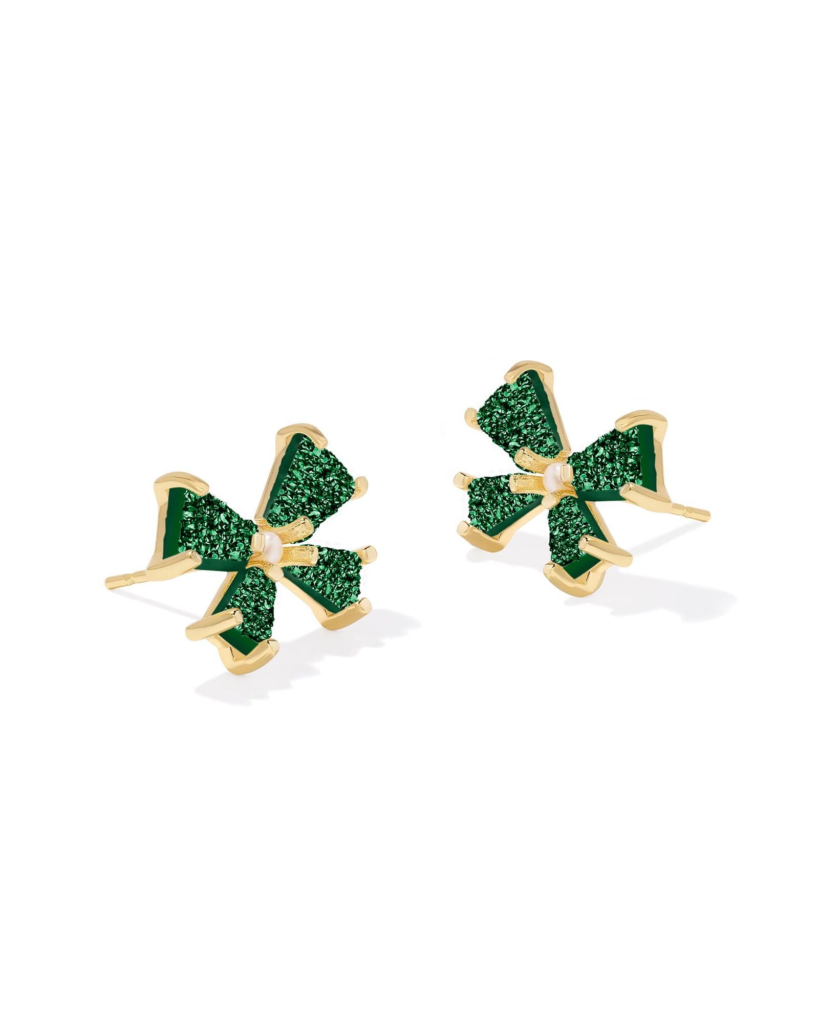 BLAIR BOW SMALL STUD EARRINGS GOLD EMERALD DRUSY - She Chester