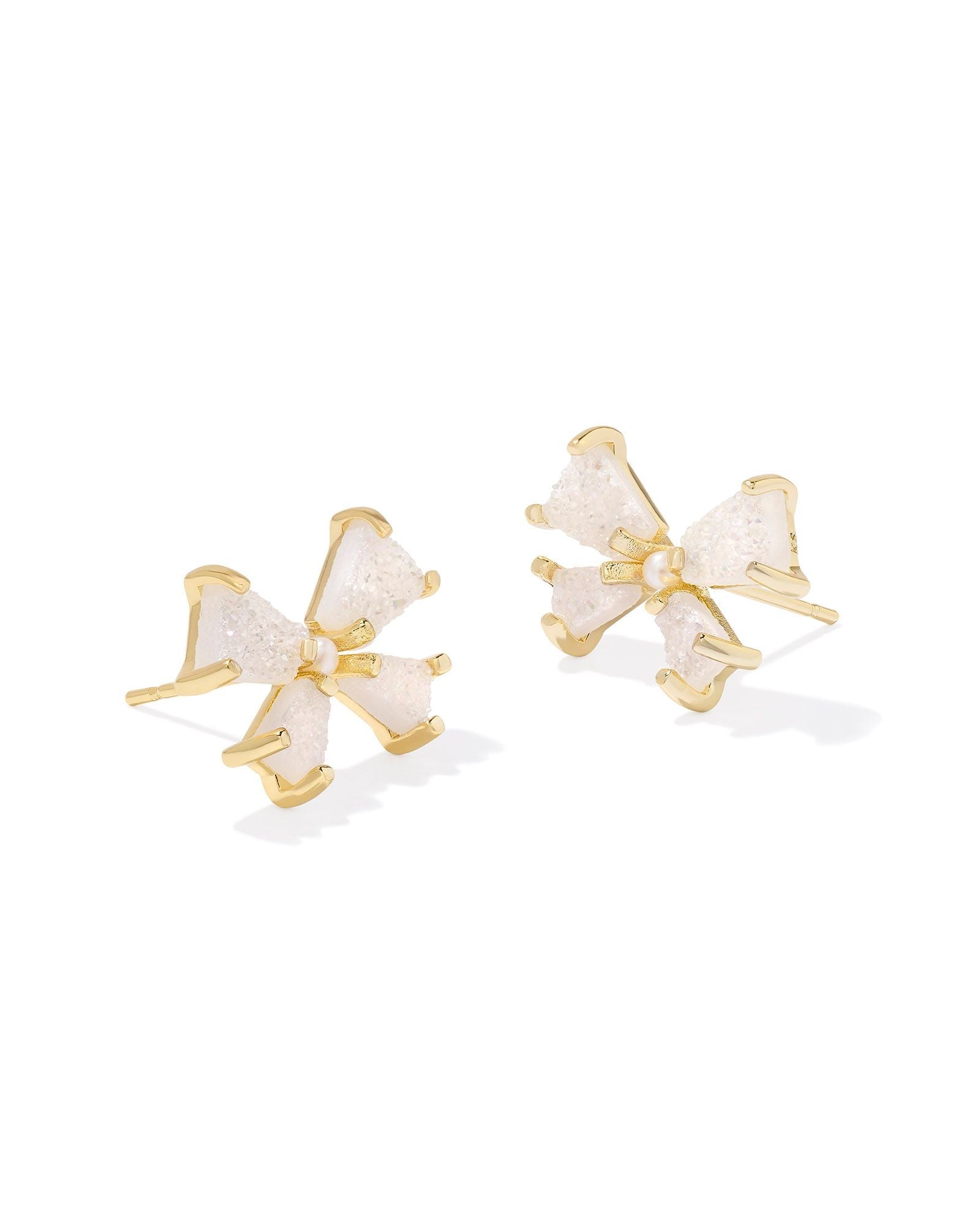 BLAIR BOW SMALL STUD EARRINGS GOLD IRIDESCENT DRUSY - She Chester