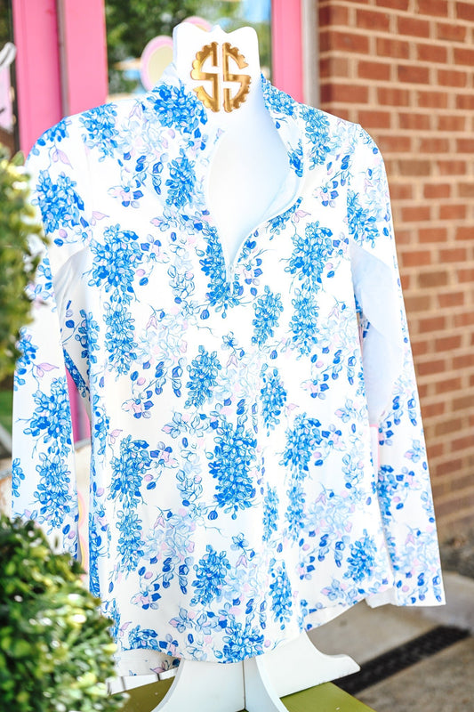 Blue Floral SS UPF Pullover - She Chester