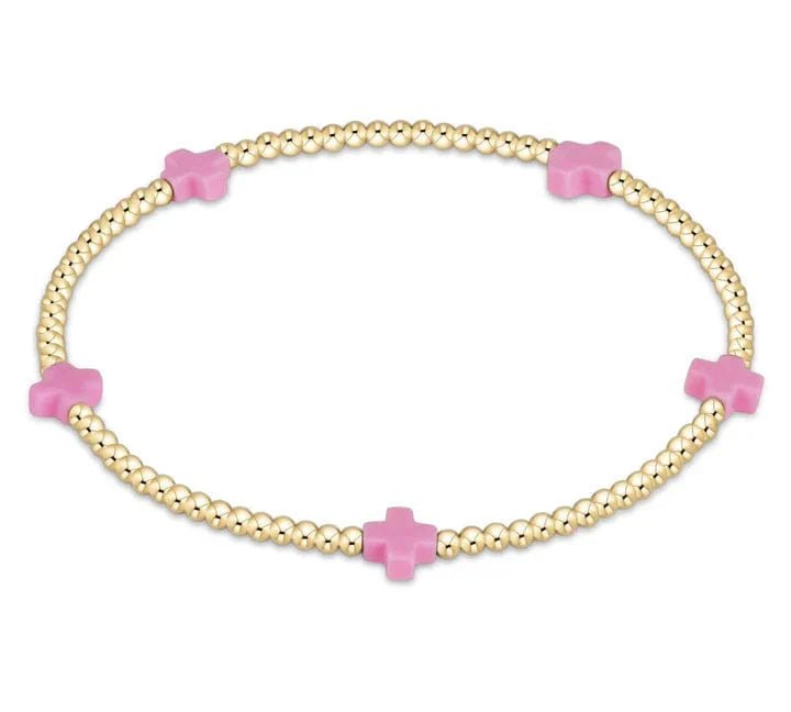 Bright Pink Small Signature Cross Gold Pattern 2mm Bracelet - She Chester