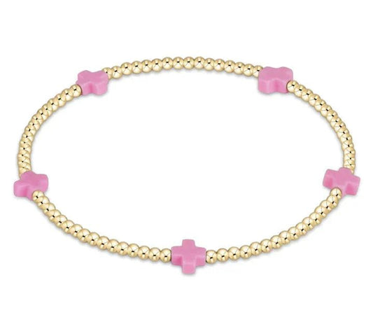 Bright Pink Small Signature Cross Gold Pattern 2mm Bracelet - She Chester