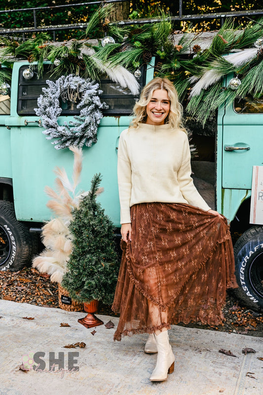 Brown Embellished Lace Hem Skirt - She Chester