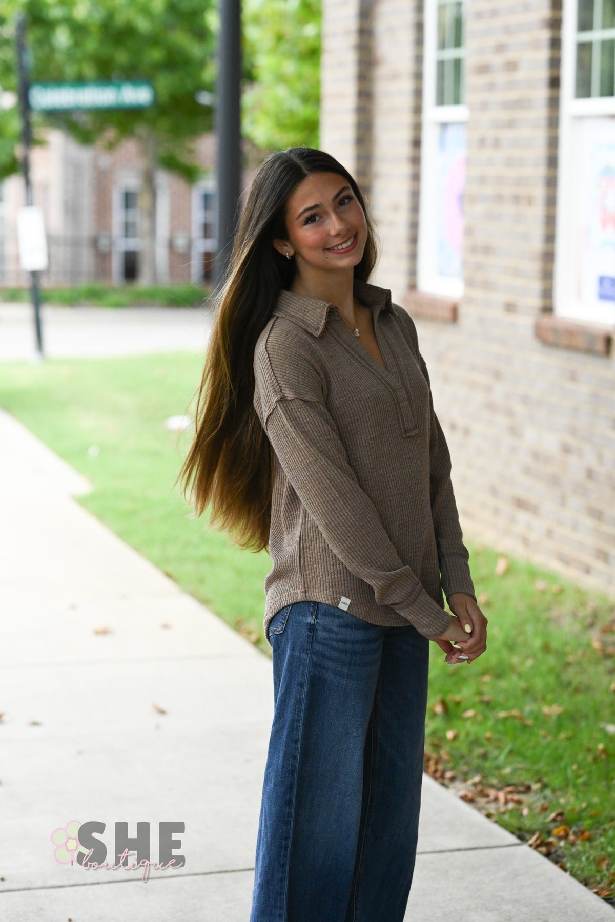 Brown Ribbed Long Sleeve - She Chester